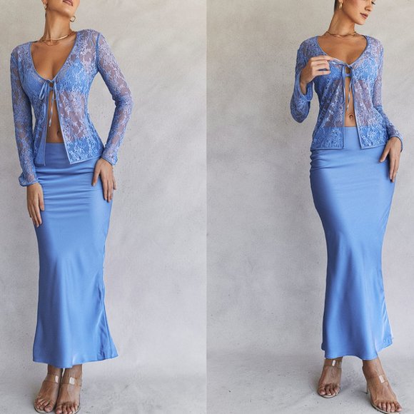 House of CB Dresses & Skirts - HOUSE OF CB 'Clara' Blue Satin Bias Cut Midi Skirt NWOT